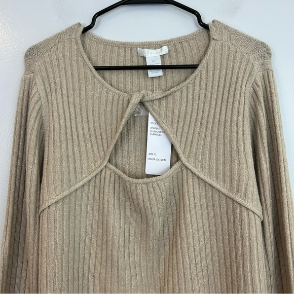 NWT Design History Oatmeal Brown Twist Cut Out Pullover Ribbed Sweater Size XL - Picture 2 of 9